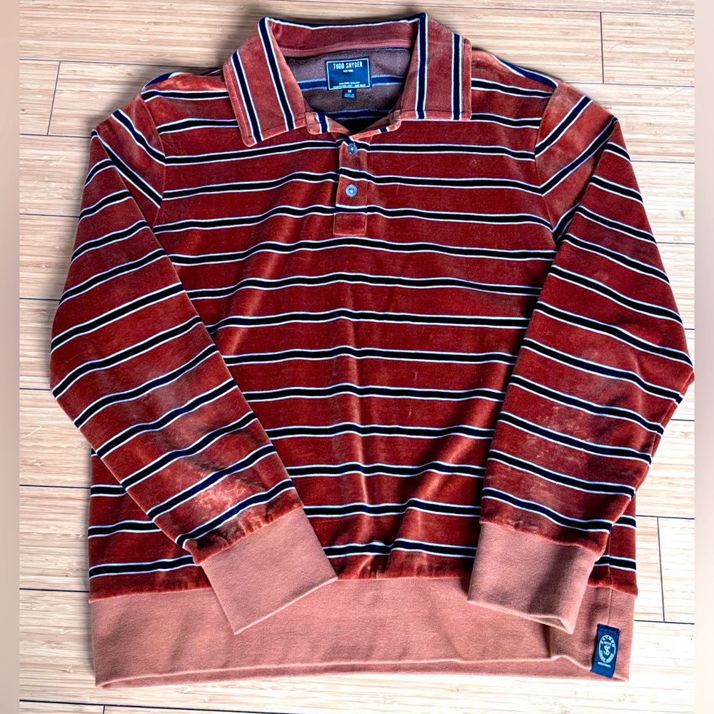 Todd Snyder Striped Velour Polo in Burnt Caramel (dark navy stripes)